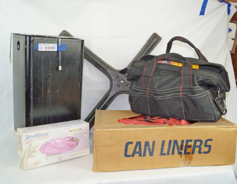 lot 4321 image: Bio Hazard Can Liners - Metal Bin, Box of Single Use Pink Gloves - size small, Carry bag full of goodies & restaurant Table Base