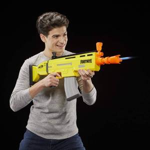 lot 45700 image: NERF E6158EU4 AR-L Motorized Toy Blaster and magazine, 10 Official Fortnite Elite Darts, Flip Up Sights-for Youth, Teens, Adults, Multicolour  - Retail $116