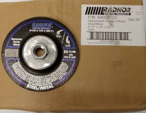 lot 45727 image: (UNUSED) Radnor Depressed Center Wheel 4-12 SteelMetal Grinding Disc box of 20 wheels PN 64000722  - Retail $89