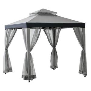 lot 45781 image: FACTORY SEALED - 8 ft. x 8 ft. Outdoor Backyard Modern Grey 2-Tier Steel Frame Soft Top Gazebo with Mesh Netting for Patio (GreyBlack) - Retail $169