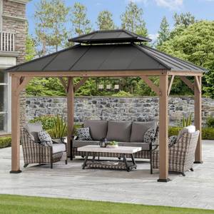 lot 45787 image: (Estimated 25% of frame only) 10 x 12 ft. Wood Gazebo, Outdoor Patio Cedar Framed Steel Hardtop Gazebo with 2-Tier Metal Roof, Suitable for Patios, Lawn and Backyard, Dark Brown Roof  Dark Wood Frame