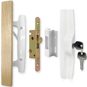 lot 49413 image: ALLYWASAI Patio Sliding Patio Door Handle Set with Mortise Lock, Key Cylinder and Keeper, Wood Handle Lock Set Fits Door Thickness from 1-12 to 1-34 3-1516 Screw Hole Spacing Keyed White
