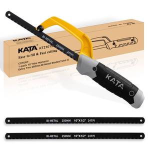 lot 49450 image: (UNUSED) KATA Hacksaw, Compact Hand Operating Hack Saw with 10 Inch Aluminum Frame and 2 Piece Extra Flexible Bi-Metal HSS Blades, Suitable for Wood and Metal (Mini Hacksaw)