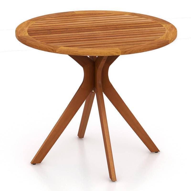 lot 25613 image: Round Bistro Table, Indoor Outdoor Coffee Table wSolid Structure, Slatted Tabletop, Stable Legs, Wood Dining Table for Patio, Garden, Poolside, Backyard, Easy Assembly, Natural -Retail- $130