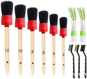 lot 27565 image: Nurkul 11Pcs Auto Detailing Set, Boar Hair Brushes, Steel Wire & AC Brushes, Red, Soft Bristles, Wood Handles for Cleaning Interior, Exterior, Leather, 6 Sizes