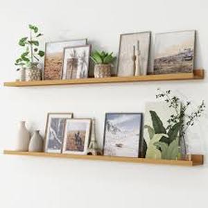 lot 27583 image: Picture Ledge Shelf, Floating Shelves Set of 2, 60 Inches Long Large Nursery Book Shelves for Toys Storage, Kids Bookshelf Wall Mounted for Living Room Bedroom Decor Books Photo Frames, Natural Oak