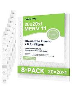 lot 27606 image: Future Way 20x20x1 Air Filters, 8-Pack with Reusable Frame, MERV 11, MPR 1000 AC Furnace Filters, Space Saving & Cost-effective
