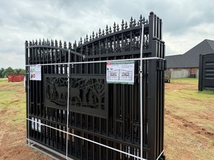 lot 942 image: Unused 20 Foot Bi Parting Deer Motif Wrought Iron Gate  Two 10 foot sections come with this lot.  7 feet high by 20 feet wide, Heavy Duty Hinges