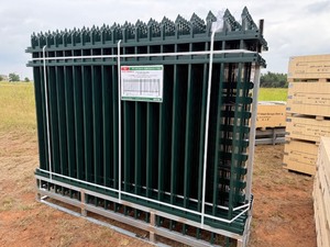 lot 979 image: Unused  3 Rail Style 6 foot x 8 foot Powder Coated Green Fence  22 panels in total for 176 feet of fence, Posts and Connectors included