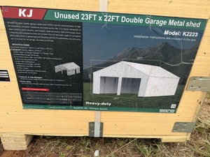 lot 961 image: Unused 22 x 23 x 13 Double Garage Metal Building in Cream Color