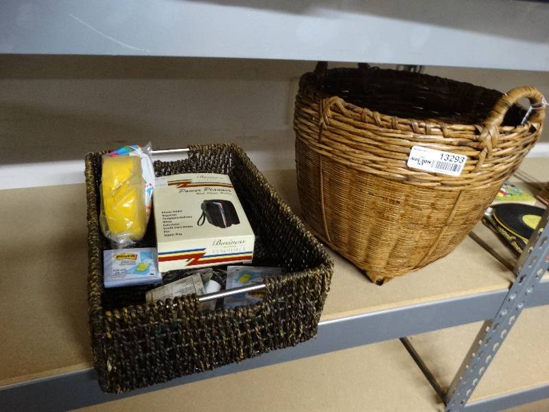 lot 13293 image: 2 Baskets with power planter and sticky notes.
