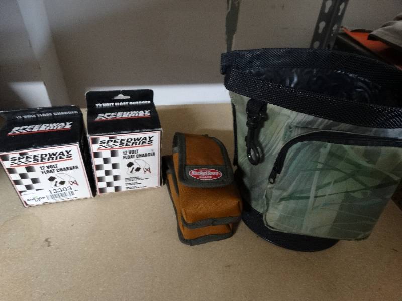 lot 13303 image: 2 12 volt float charger, 2 bucket boss brand bag.