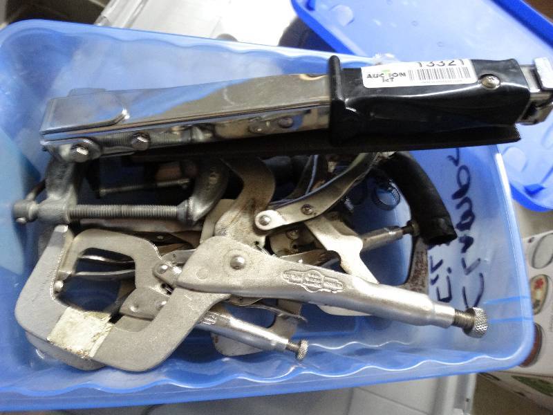 lot 13321 image: Lot of C-clamps, vise script clamps, files, slap stapler.
