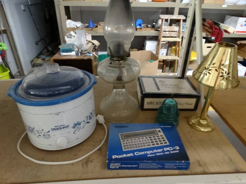 lot 13357 image: candle lamp, lantern, small crocpot, miscellaneous.