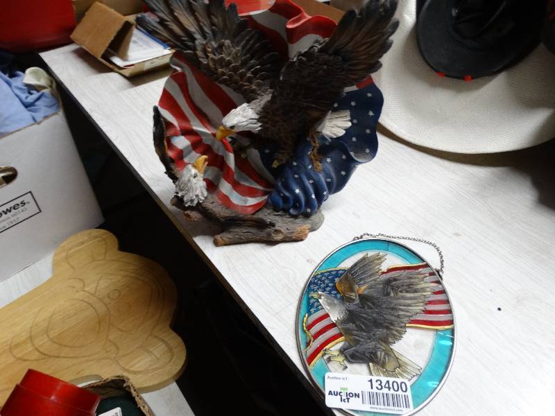 lot 13400 image: Decorative eagle plate & window stained glass eagle.