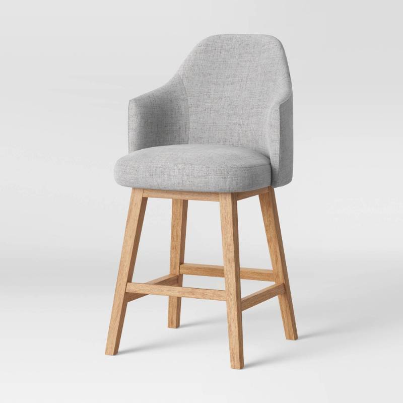 lot 19332 image: Kinston Swivel Curved Back Upholstered Counter Height Barstool Light Gray - Threshold�� Kitchen Seating, Rubberwood Legs