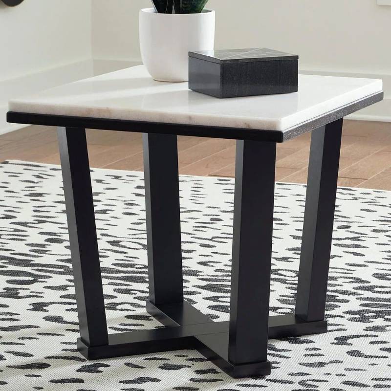 lot 19256 image: Modern Marble Top Side Table with Black Base - Retail $299