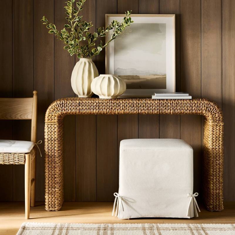 lot 19294 image: Lynwood Slipcover Cube Ottoman with Tie Details Cream - Threshold�� designed wStudio McGee - Retail $233