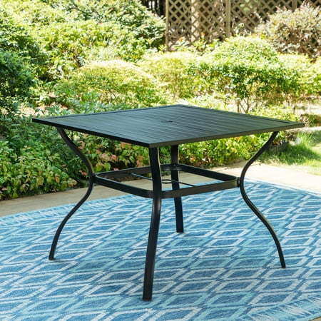 lot 19704 image: MF Studio 4-Person Patio Dining Table  37  Square Metal Table with Umbrella Hole  Black - Retail $282