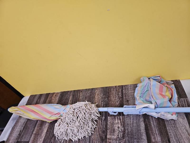 lot 19916 image: Pastel Striped Beach Umbrella with Fringe