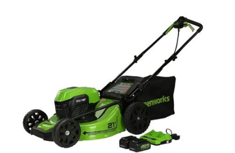 lot 1 image: Greenworks - 24V (2x24V) 21-Inch Self-Propelled Lawn Mower (2 x 5.0Ah Batteries and Charger Included) - Green - Retail $502