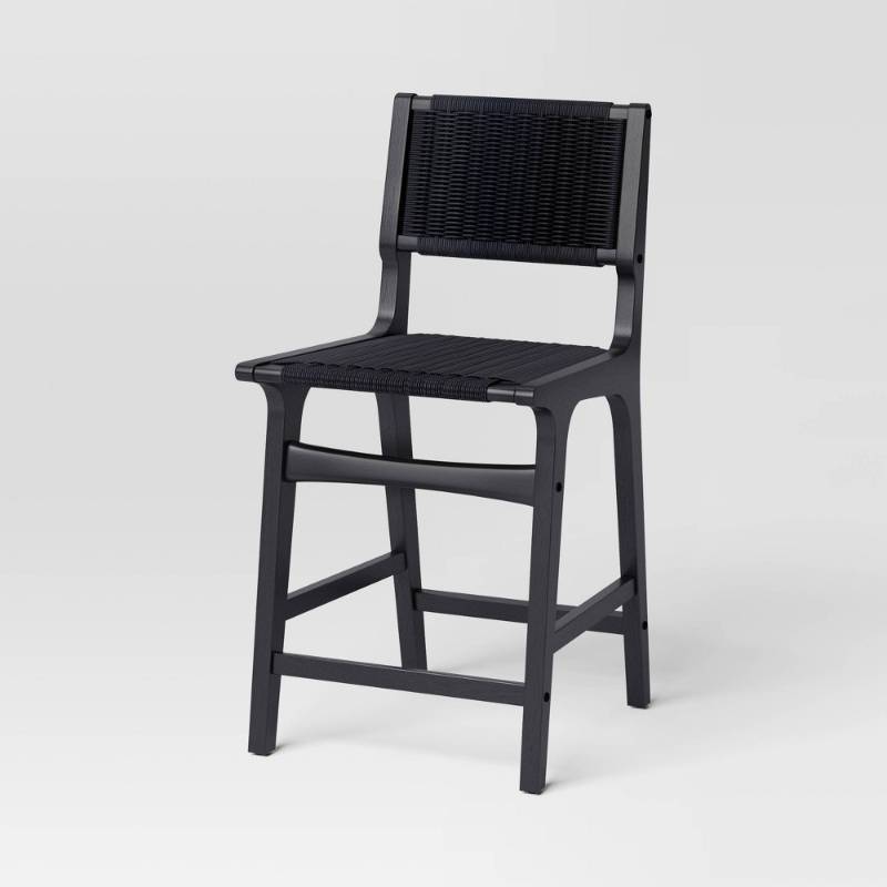 lot 20035 image: Ceylon Woven Counter Height Barstool Black - Threshold�� Rubberwood Frame, Metal Hardware, Fixed 24 Seat Height - Retail $250