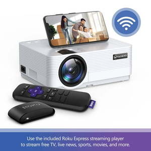 lot 20135 image: VANKYO Leisure 470 HD Mini Projector with Roku Express Streaming Player  50000 Hrs LED Life  240   Display Screen for Home Theater & Outdoor Movies - Retail $125