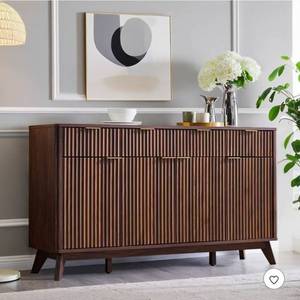 lot 20213 image: 60 Buffet Sideboard Cabinet, Fluted Coffee Bar Table with 3 Drawers & 4 Doors, Modern Sideboard for Dining Room, Living Room, Dark Walnut - Retail $489
