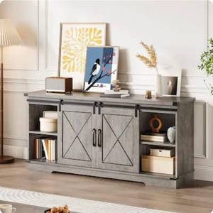 lot 20216 image: Garvee 65 in TV Stand Console Table with Sliding Barn Doors Adjustable - Retail $230
