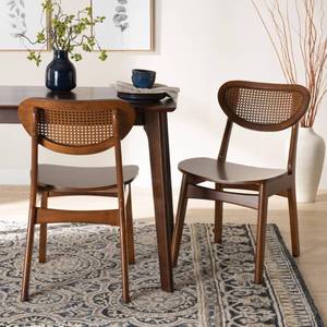 lot 20279C image: Baxton Studio 2pc Hesper Wood and Rattan Dining Chair Set Walnut BrownLight Brown Mid-Century, Crescent Backrest, Angled Legs - Retail $272