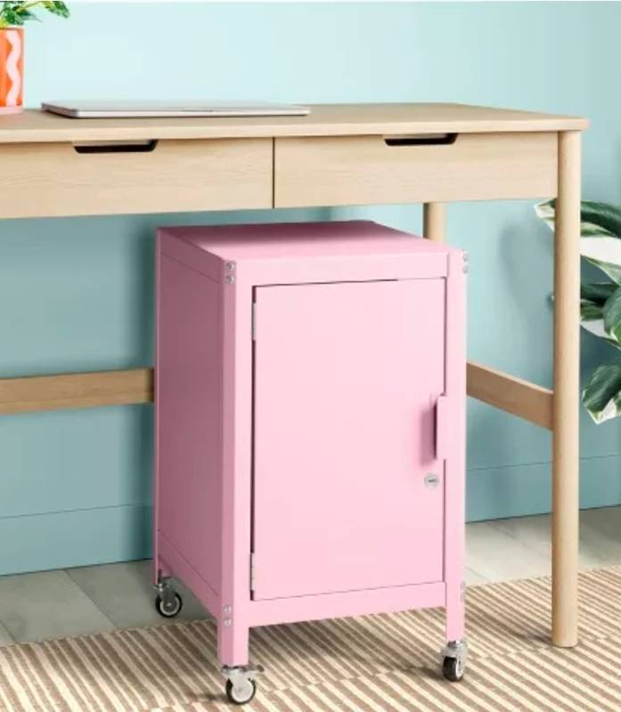 lot 19582 image: Pink Metal Rolling Storage Cabinet