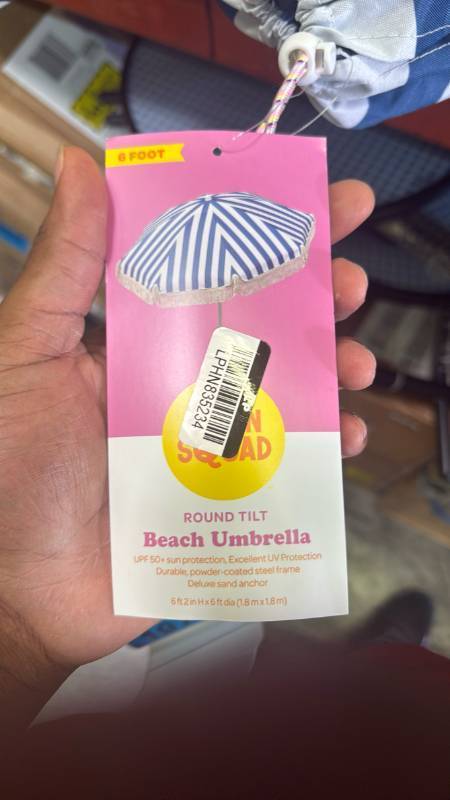 lot 19745 image: 6ft Round Tilt Beach Umbrella - Navy Stripe