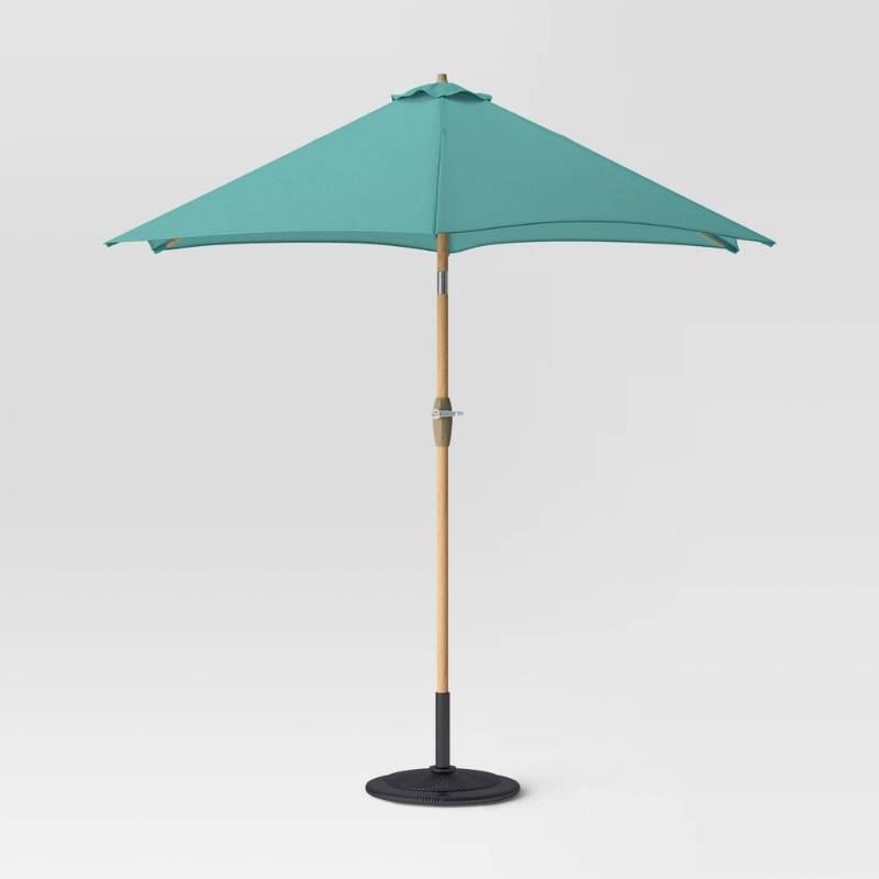 lot 19751 image: 9 Round Outdoor Patio Market Umbrella Turquoise with Faux Wood Pole - Threshold��&nbsp