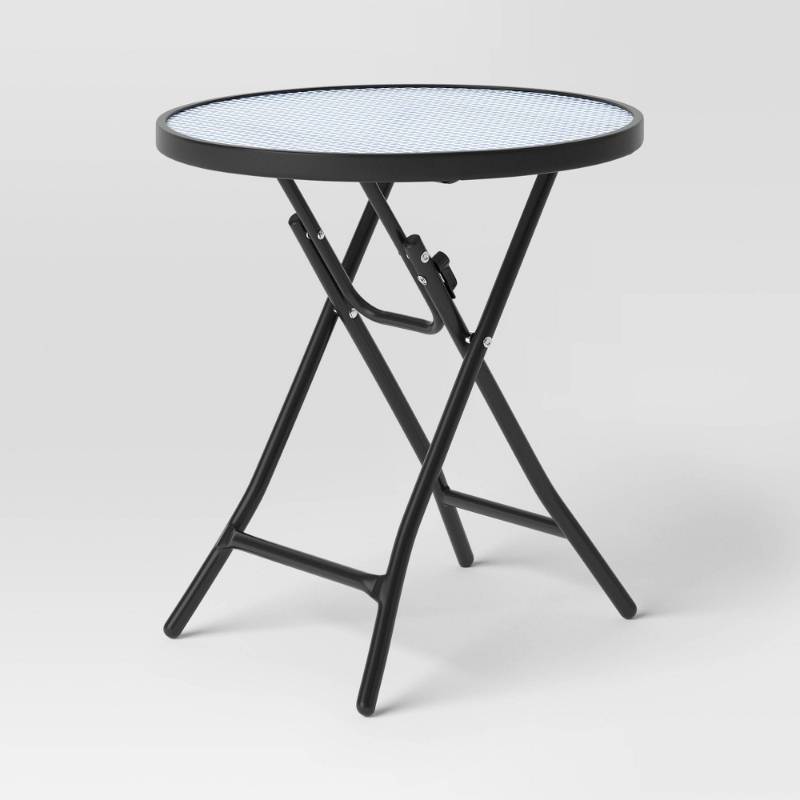 lot 19778 image: Glass Round Printed Folding Outdoor Portable Side Table BlueWhiteBlack - Room Essentials�� - Retail $35