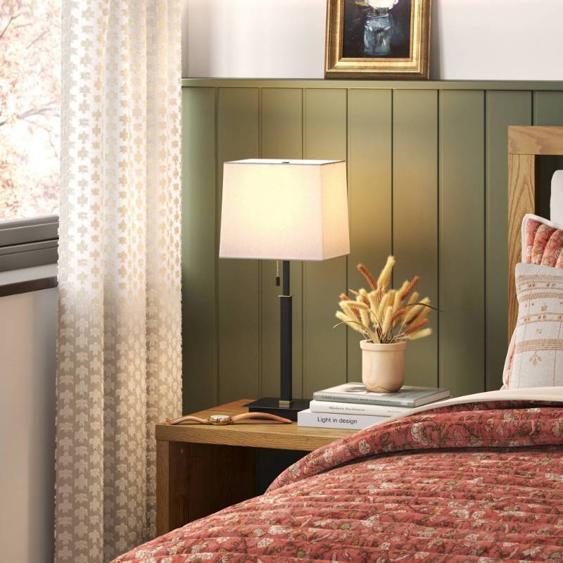 lot 20318 image: 22.5x7 Square Base Stick Lamp with USB Black - Threshold�� Modern Desk Lighting, ETL Listed, Linen Shade - Retail $50