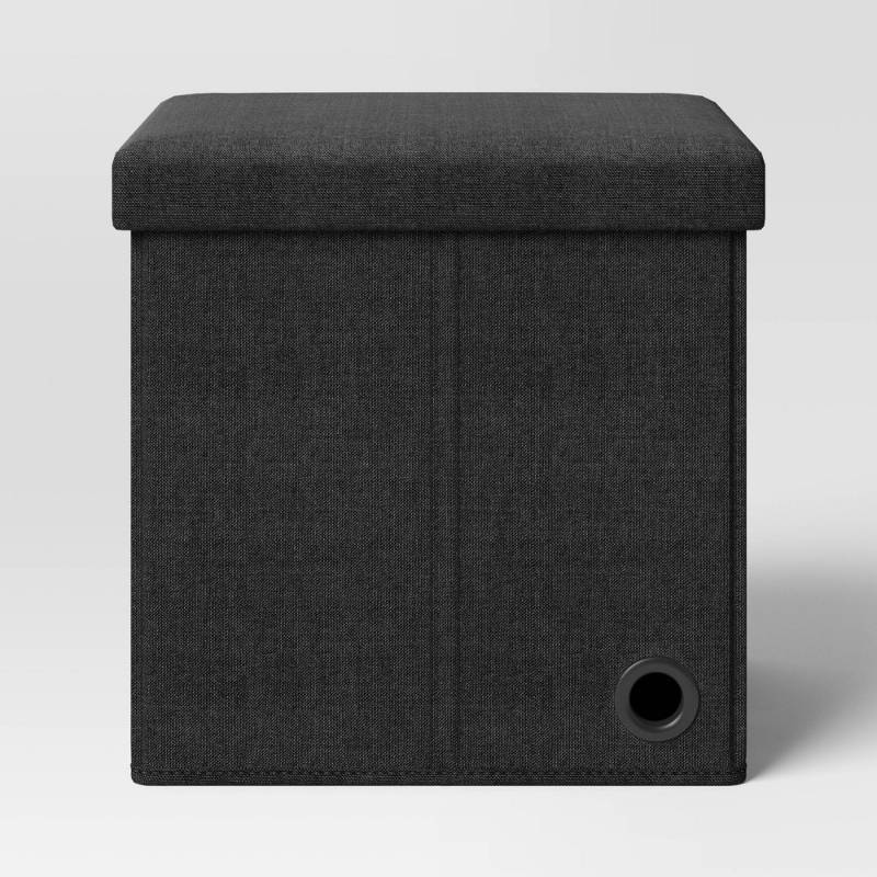 lot 20599 image: Collapsible Single Storage Dorm Ottoman Black - Room Essentials Upholstered, Textured Fabric, Wood Frame, Storage Lid - Retail $30