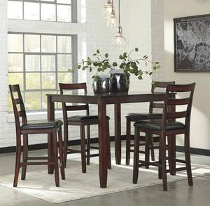 lot 5 image: Ashley 5-Piece Counter Height Dining Set with Square Table and Upholstered Chairs - Retail $599