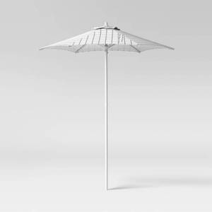 lot 10638 image: 6 Round Grid Monochrome Outdoor Patio Market Umbrellas White with White Pole - Room Essentials - Retail $60