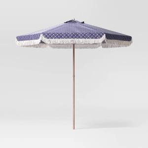 lot 10648 image: 7.5 Quatrefoil Fringe Edge Outdoor Round Patio Market Umbrella Navy Blue with Faux Wood Pole - Threshold - Retail $80