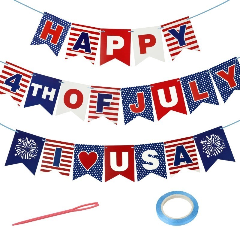 lot 852050 image: Zienlay 4th of July Banner, Party In The USA Fourth of July Decorations Patriotic Banner, Red Blue White Independence Day Bunting Banners Decor for Home Party Mantel Fireplace Supplies