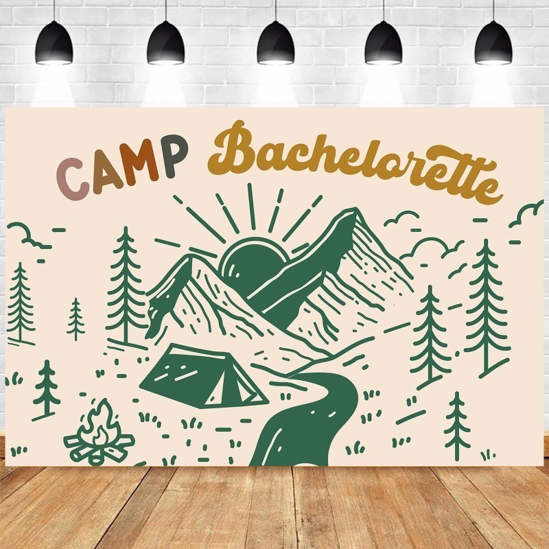 lot 852119 image: Balterever Camping Bachelorette Party Decoration 6.88  4.92ft Camp Bachelorette Backdrop Banner Mountain Lake Hiking Theme Decor for Bachelorette Bridal Shower Wedding Engagement Hen Party Supplies - Retail $11