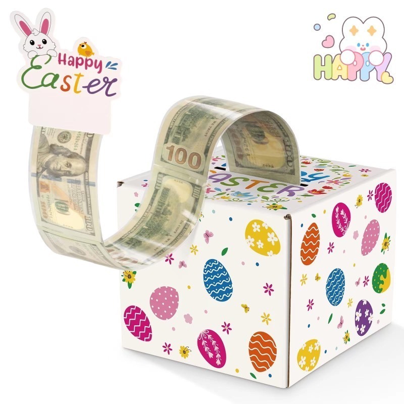lot 852126 image: Easter Money Pull Box for Cash Gift - Happy Easter Surprise Money Holder Gifts for Kids Adults, DIY Funny Spring Holiday Cash Boxes with 100 Pcs Transparent Bags for Women Men Girls Boys Friends - Retail $8