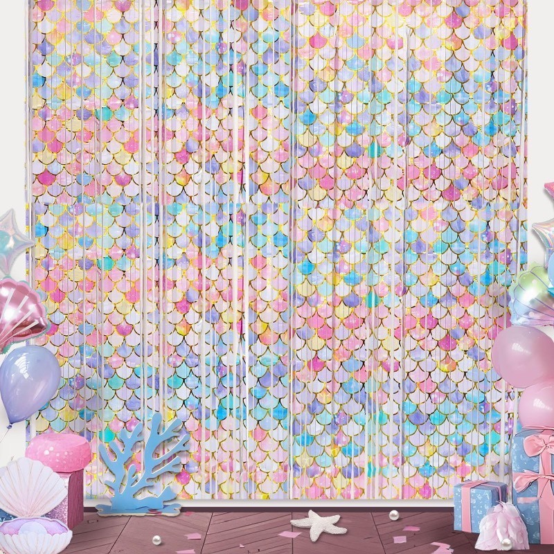 lot 852137 image: Mermaid Party Decorations, 1Pack Mermaid Tinsel Foil Fringe Curtains, Mermaid Birthday Party Photo Booth Prop Backdrops Fringe Curtains for Mermaid Theme Birthday Party Decor 3.3x8.2ft - Retail $6