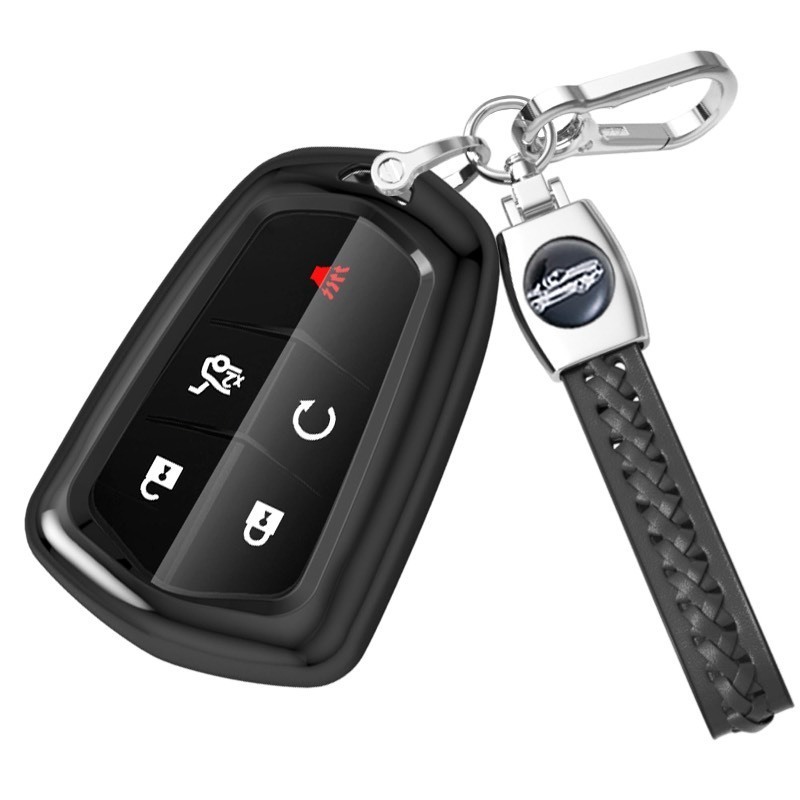 lot 852169 image: for Cadillac Key Fob Cover with Leather Keychain, Soft TPU Key Fob Compatible with STS CTS XT5 Escalade CT6 ATS SRX Key 3456 Buttons 360 Degree Protection Remote Keyless Entry - Retail $10
