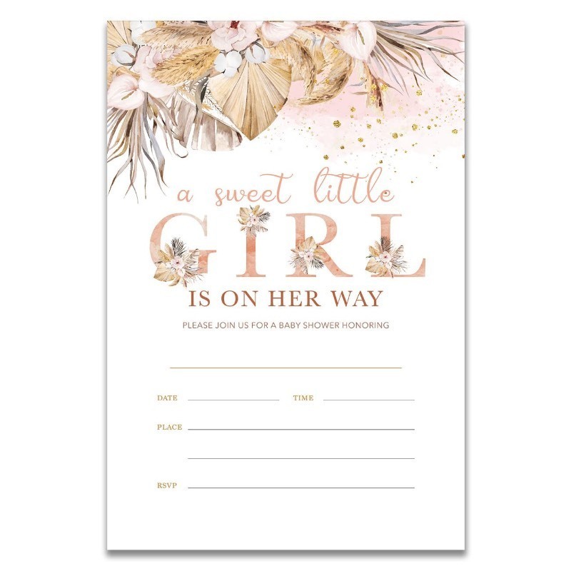 lot 852222 image: YIDOU Girl Pink Pampas Grass Baby Shower Party Invitations Pink Boho Girl Baby Shower Party Fill In Invites Cards 20 Invitations and Envelopes (Double Sided) - Retail $13