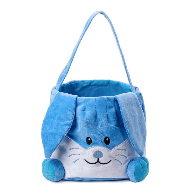 lot 852257 image: Plush Easter Basket Easter Bunny Basket Easter Bucket w. Fluffy Ears Easter Basket w. Handle Easter Candy Eggs Basket (New Blue Feet) - Retail $8