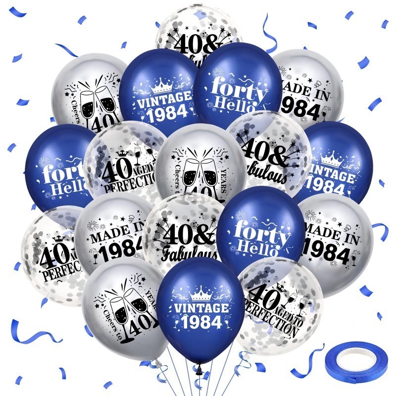 lot 852311 image: Blue Silver 40th Birthday Balloons for Men Women 18Pcs Navy Blue Vintage 1984 Party Balloons Decorations 12 inch Happy 40th Birthday Confetti Latex Balloons for Vintage 40th Birthday Party Supplies - Retail $10