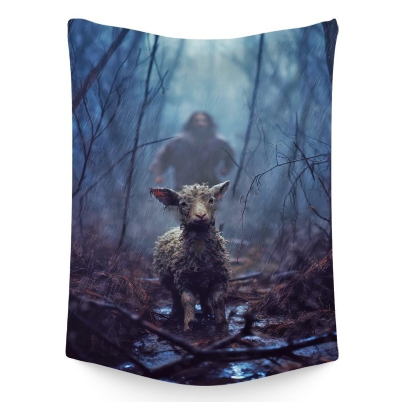lot 852340 image: FADALO Jesus and Lamb Tapestry,Jesus Chasing After Lamb Tapestry,Vintage Christian Home Decor God Faith Aesthetic Tapestry Wall Hanging for Living Room Bedroom Dorm,51x59Inches - Retail $13