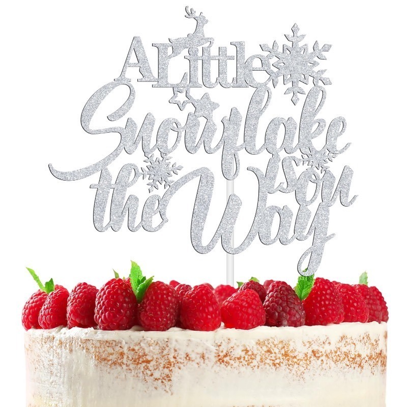 lot 852342 image: Silver Glitter A Little Snowflake is on the Way Cake Topper Winter Snowflake Baby Shower Cake Decor for Kids Christmas Xmas Frozen Winter Wonderland Gender Reveal Party Decoration Supplies - Retail $5