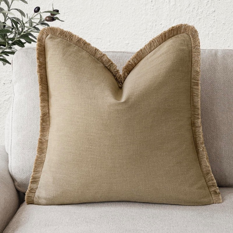 lot 852587 image: Foindtower Decorative Linen Fringe Throw Pillow Covers Boho Farmhouse Cushion Cover with Tassels Soft Accent Pillowcase for Chair Sofa Bed Living Room Home Decor, 18�18 Inch, 1PC,Light Khaki Taupe - Retail $14